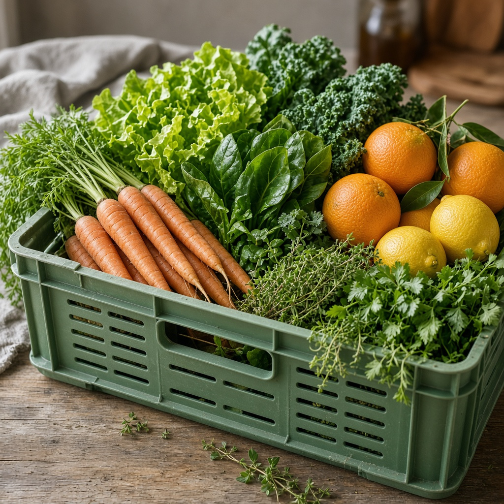 An overflowing weekly produce box with vegetables and herbs