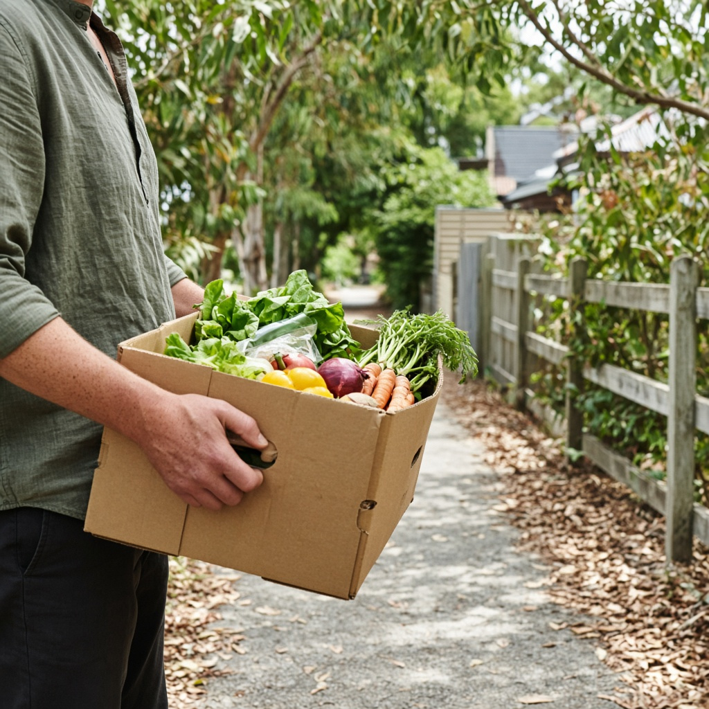 A produce box being carried along a leafy delivery route