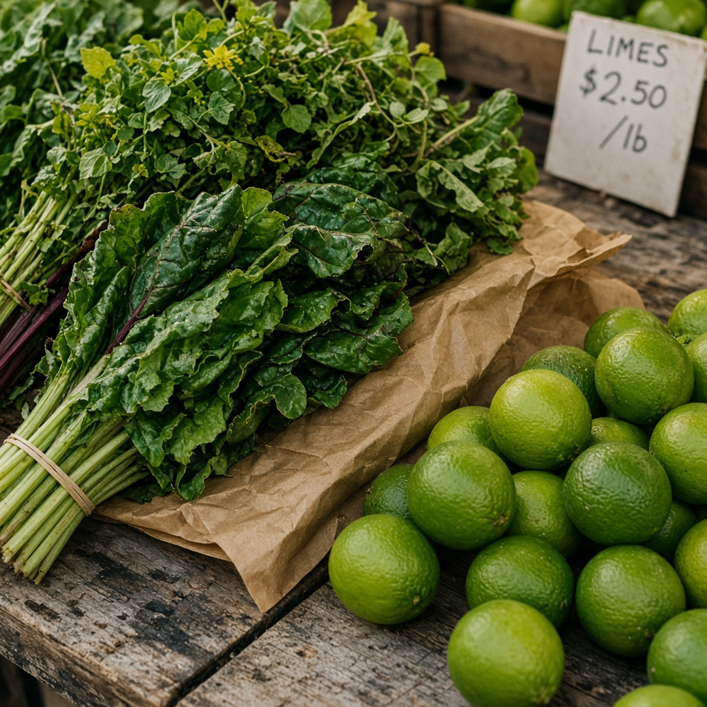 Fresh bunches of seasonal greens at a local produce market