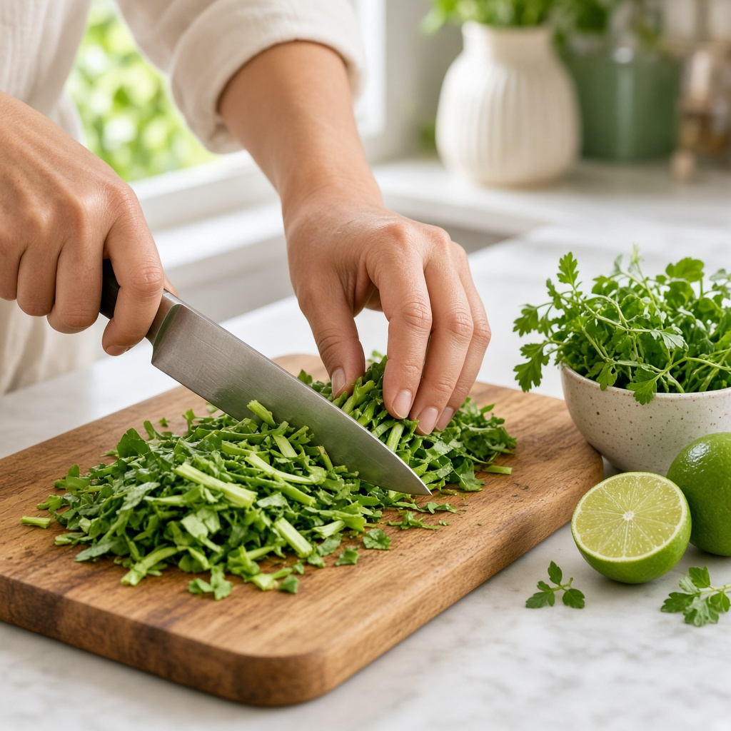 Hands preparing seasonal green vegetables in a bright kitchen