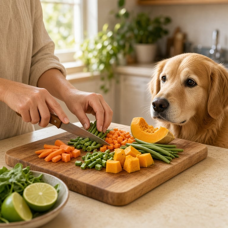 A dog beside a bowl of plain carrots, green beans, and pumpkin on a bright kitchen bench