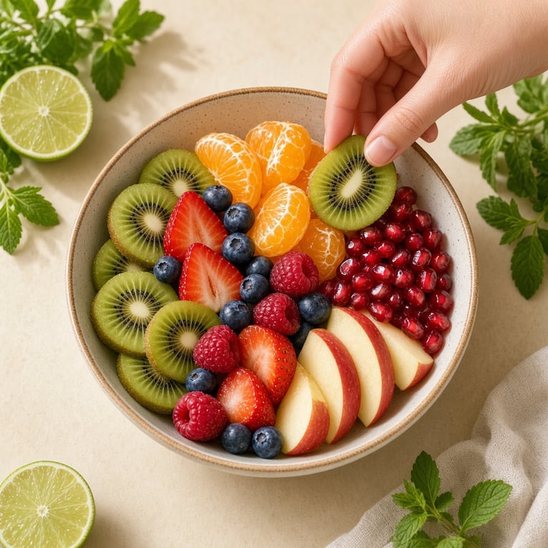 Colourful whole fruits arranged on a warm kitchen table with apples, berries, citrus, kiwi and watermelon
