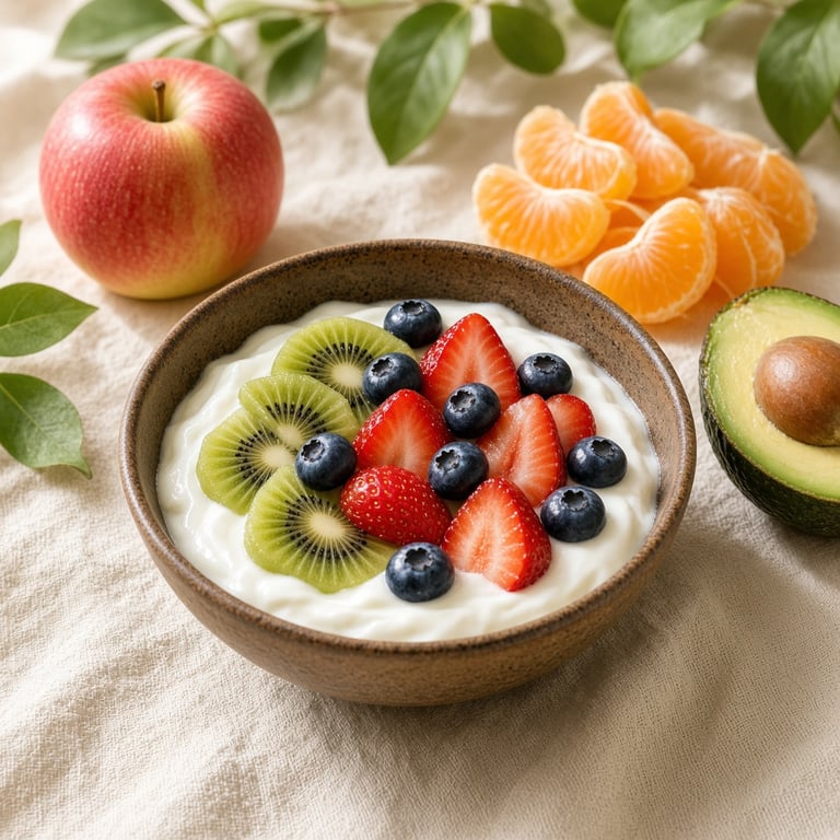 Fruit and yoghurt breakfast with berries and kiwi on a warm kitchen table