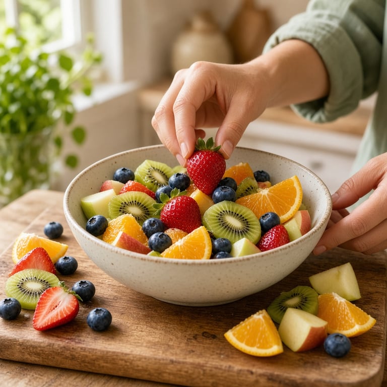 A colourful bowl of whole fruit including berries, apples, kiwi, oranges and avocado on a warm kitchen table
