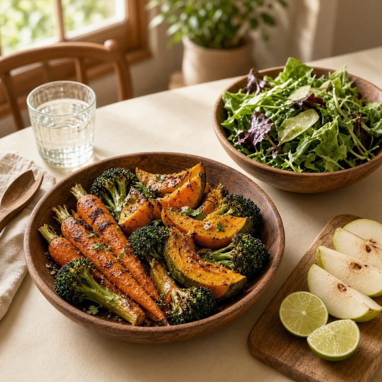 A simple family meal with roasted vegetables, fresh salad and sliced fruit prepared for sharing