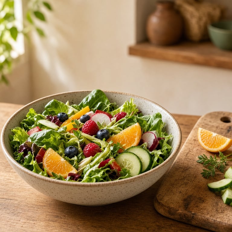 A colourful bowl of leafy greens, citrus, berries and fresh vegetables on a warm kitchen table